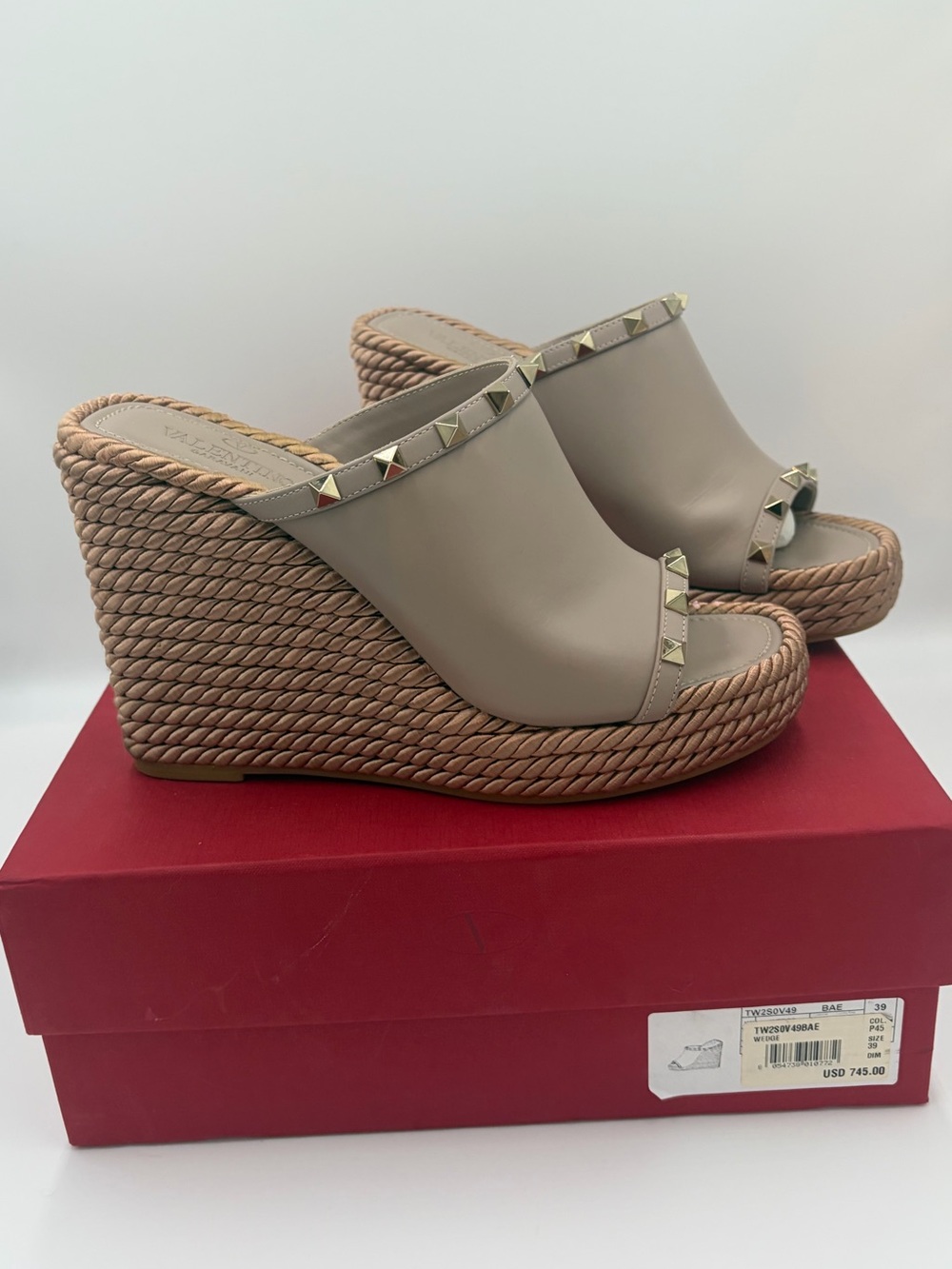Valentino Garavani RockStud Leather Wedge Slide Rope Sandals Espadrille 39 9